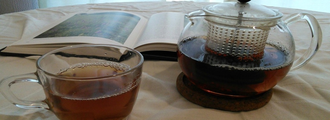 a cup of cold brew tea on a table with tea pot.